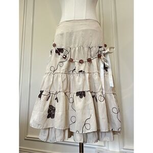 Vintage Ivory Tiered Midi Skirt Brown Embroidered Floral Ruffle Beaded Belt M L
